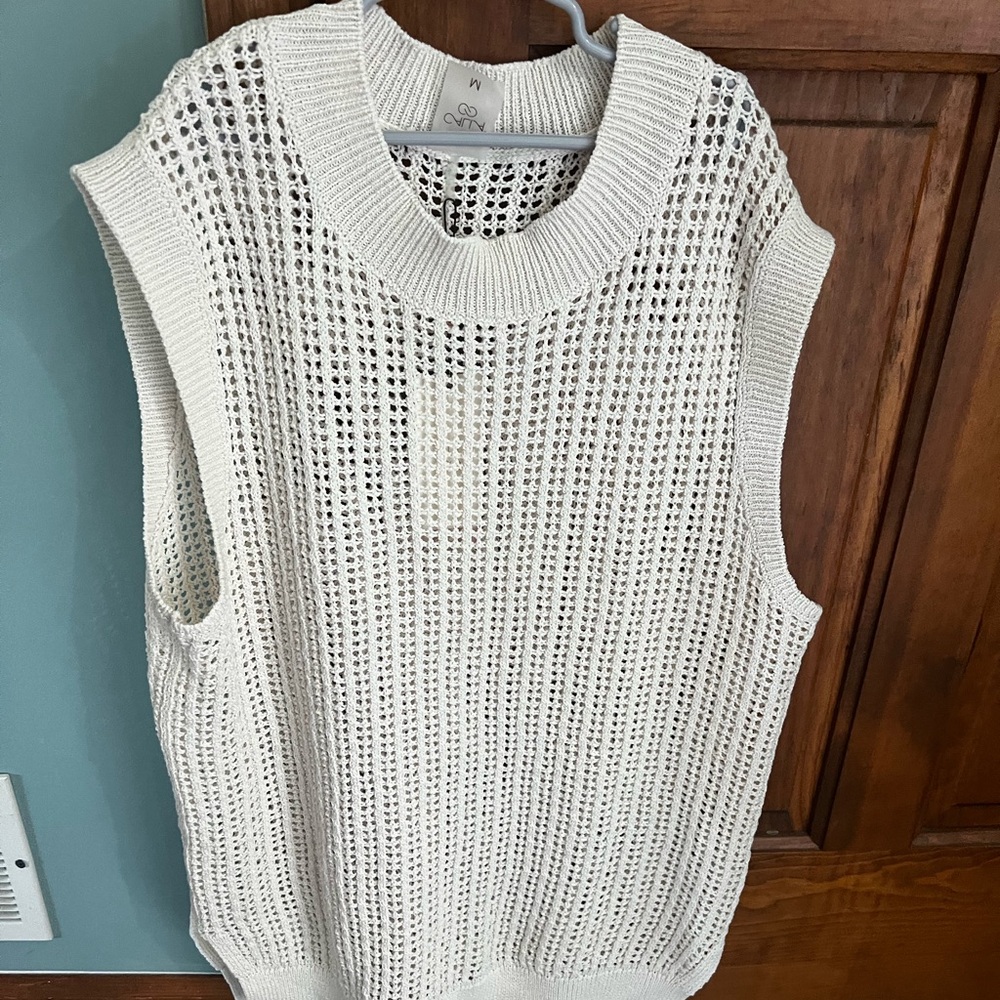 CALIA Women's Crewneck Sleeveless Open Knit Sweater Cover up Top Light Sand M